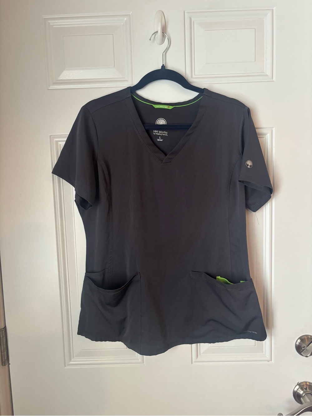 healing hands Women's Charcoal V-Neck Scrub Top with Lime Accents